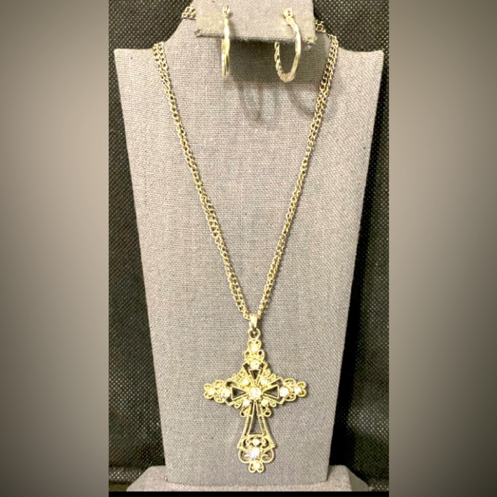 Vintage Silver Double necklace with Cross rhinestones pendant & Silver hoops - Picture 1 of 12